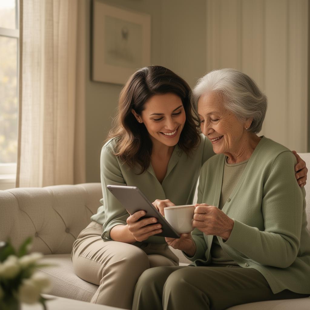 A caregiver warmly helping an elderly woman in a sunlit Boston living room