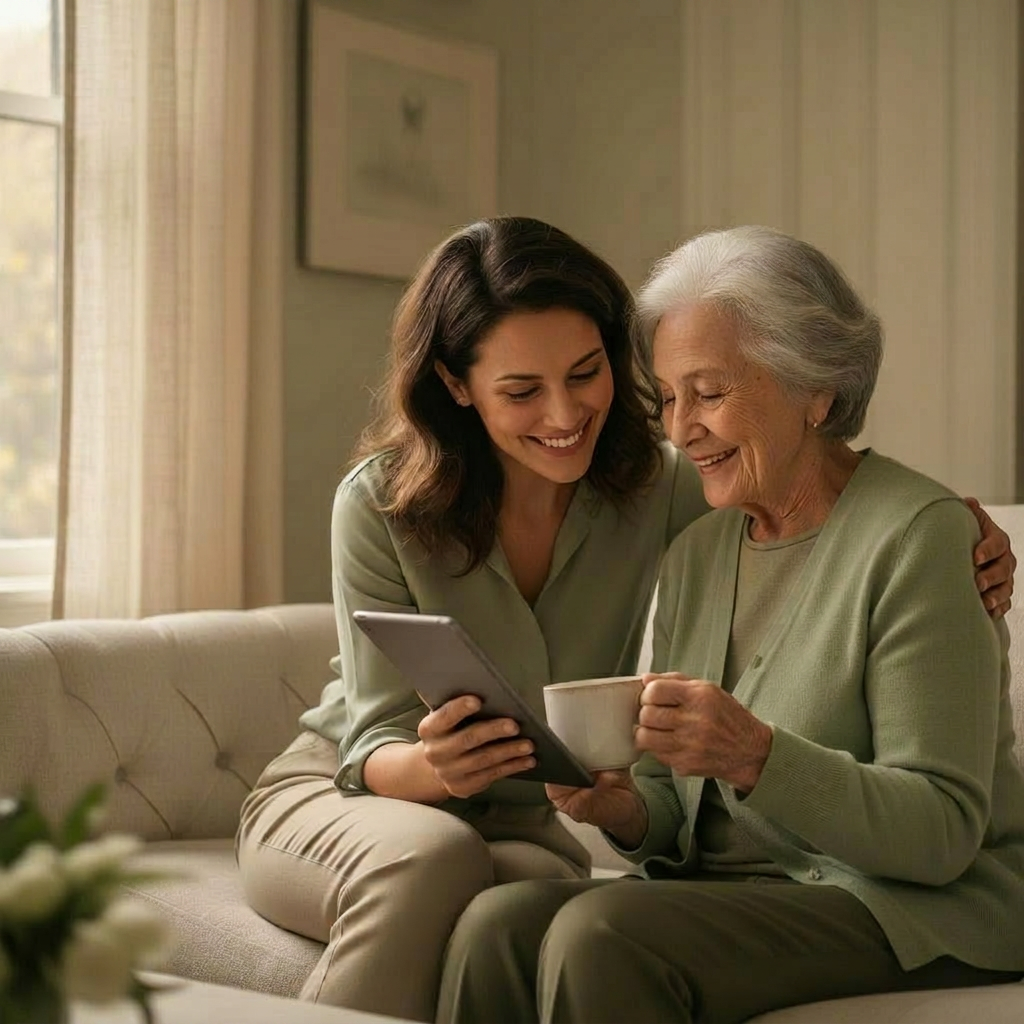 A caregiver warmly helping an elderly woman in a sunlit Boston living room